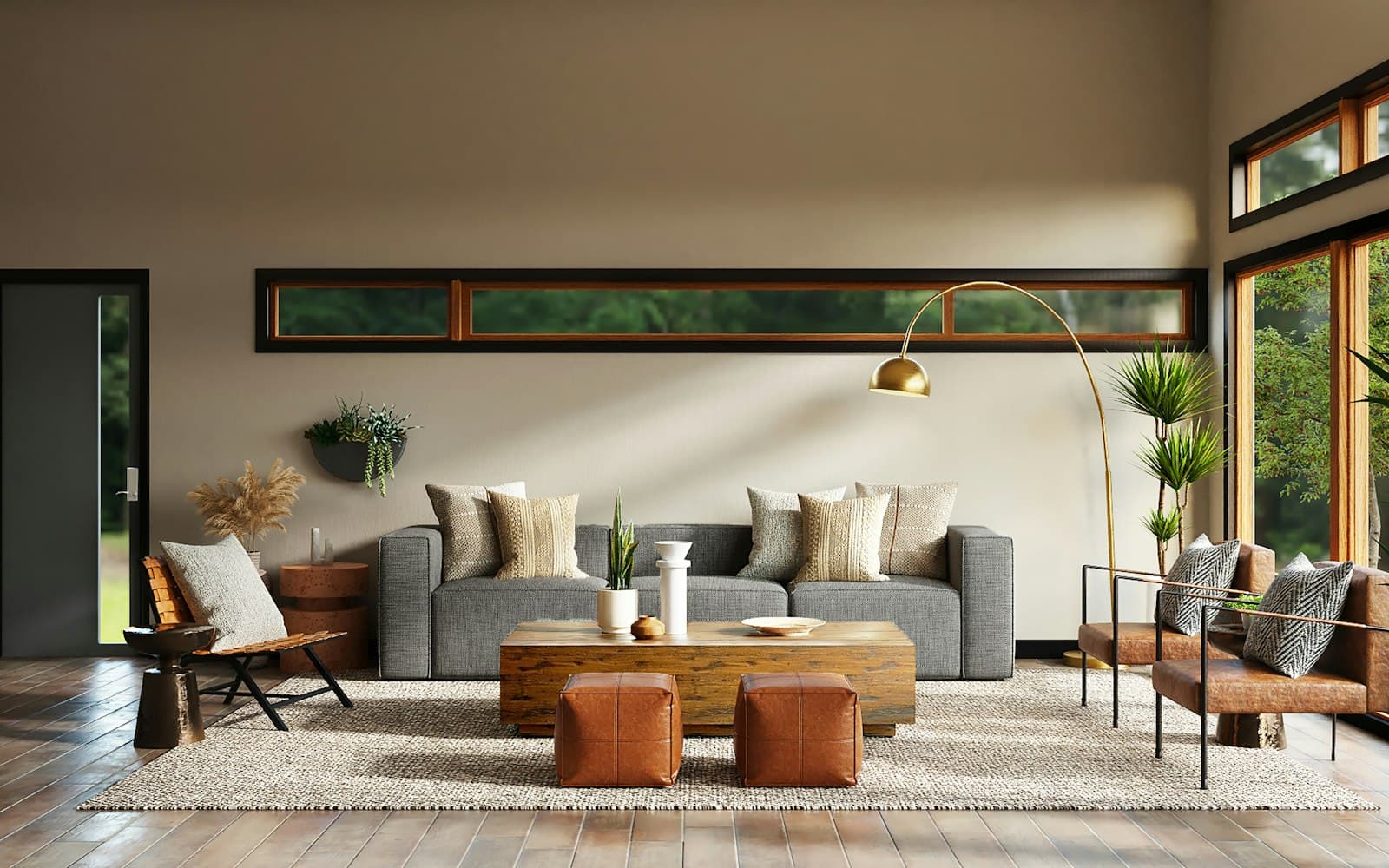 Sunlit living room with a grey sofa, leather ottomans and natural textures