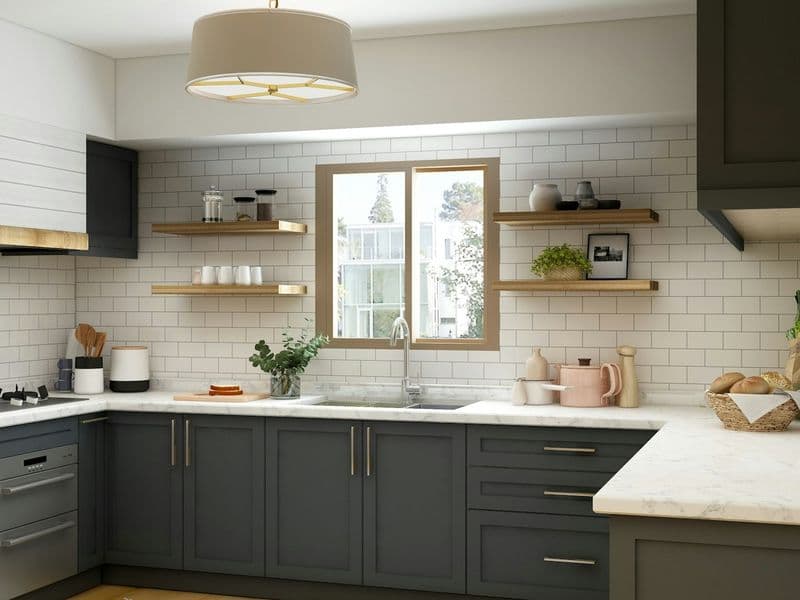 Compact kitchen with dark cabinetry, timber shelving and white tile