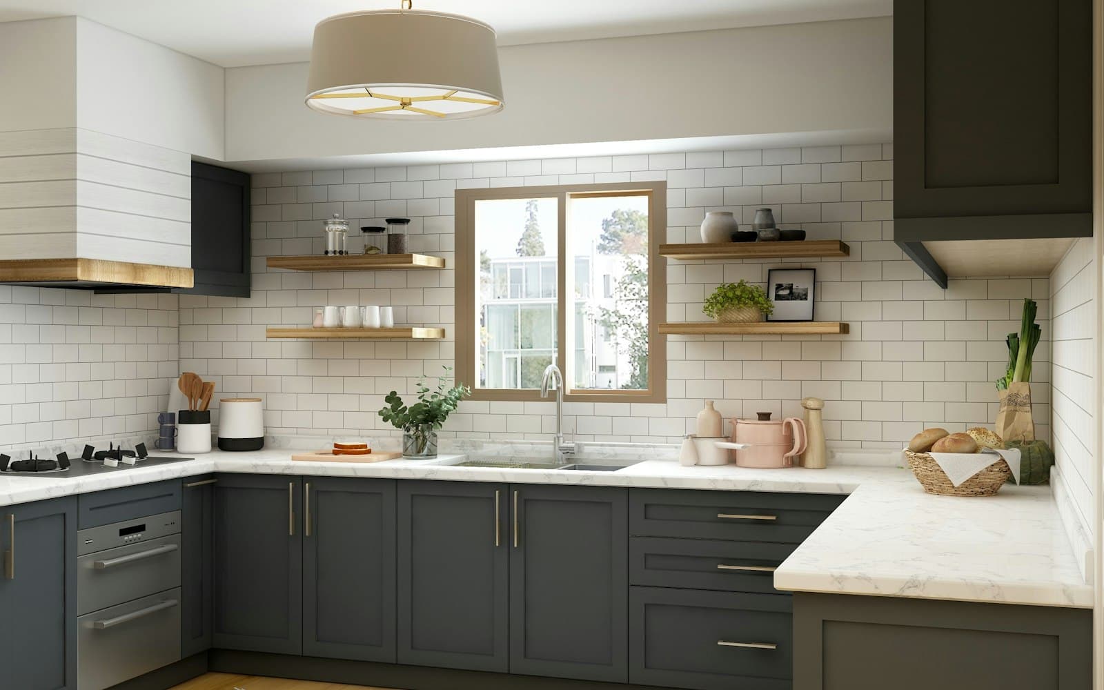 Compact kitchen with dark cabinetry, timber shelving and white tile