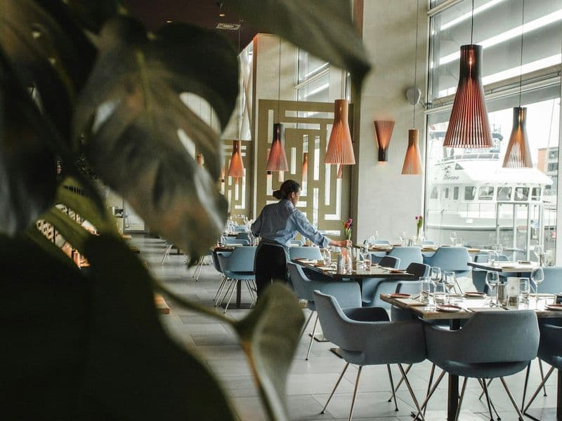 Restaurant dining room with copper pendants, glazing and foliage