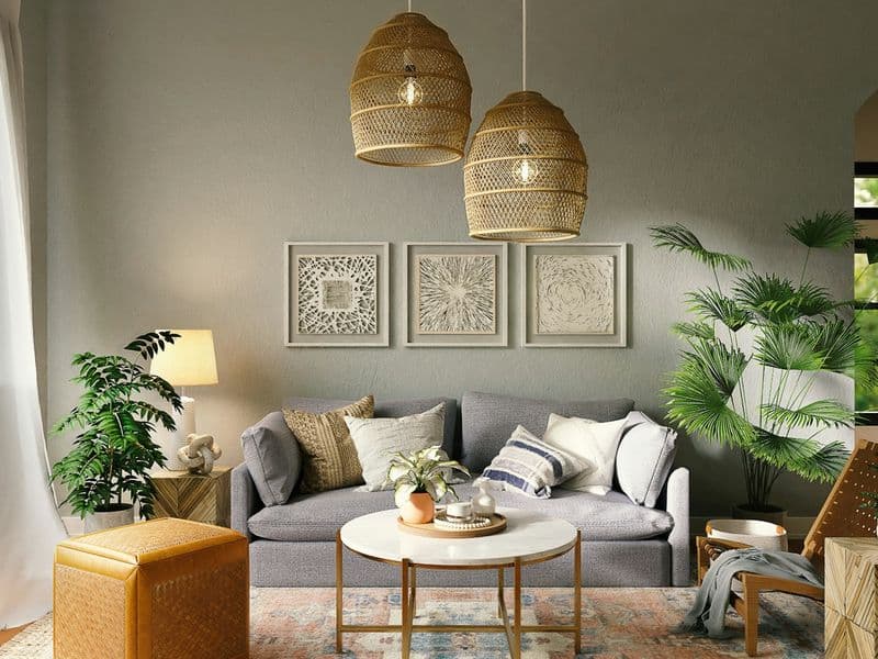 Living space lit by woven pendant lamps
