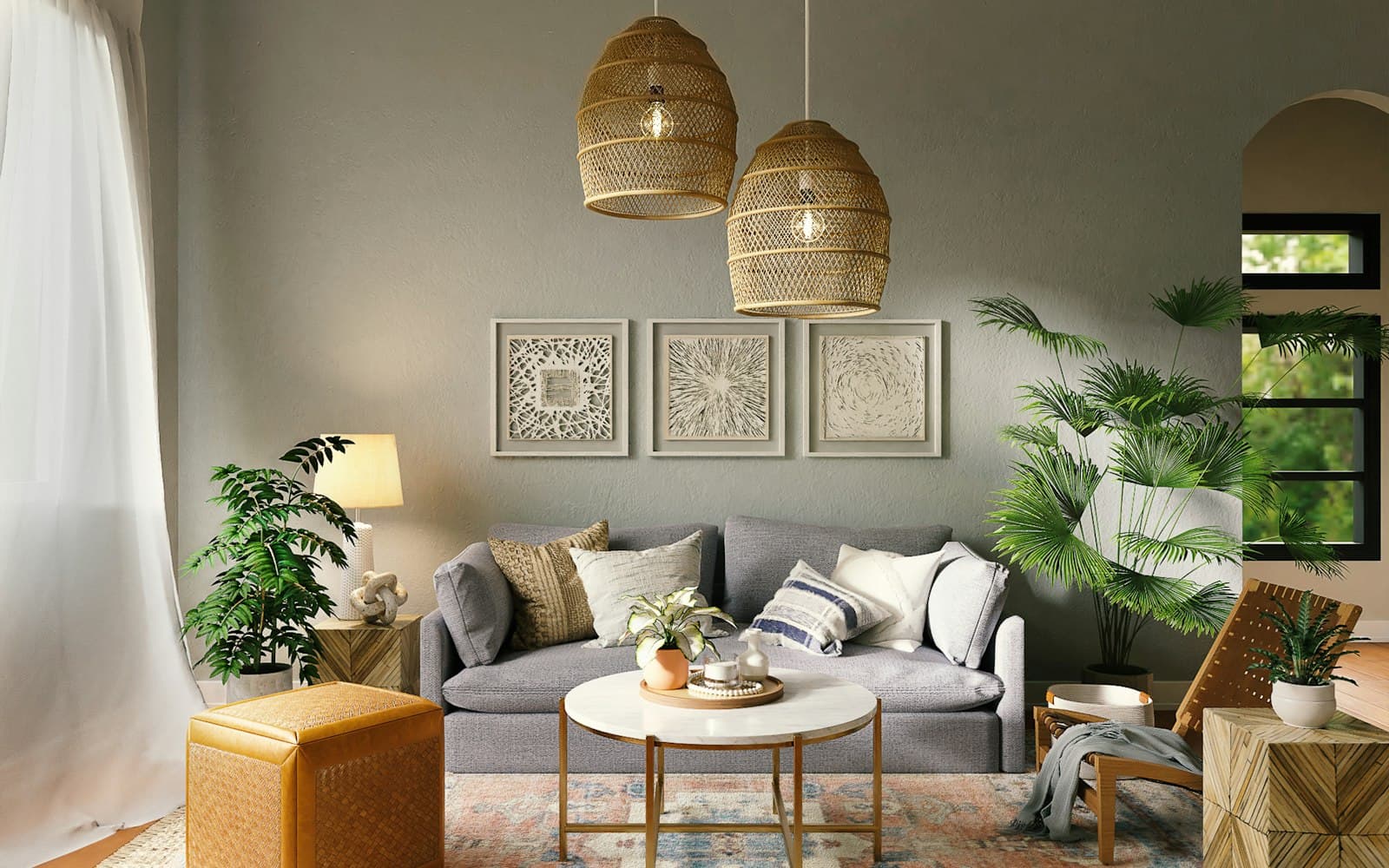 Living space lit by woven pendant lamps